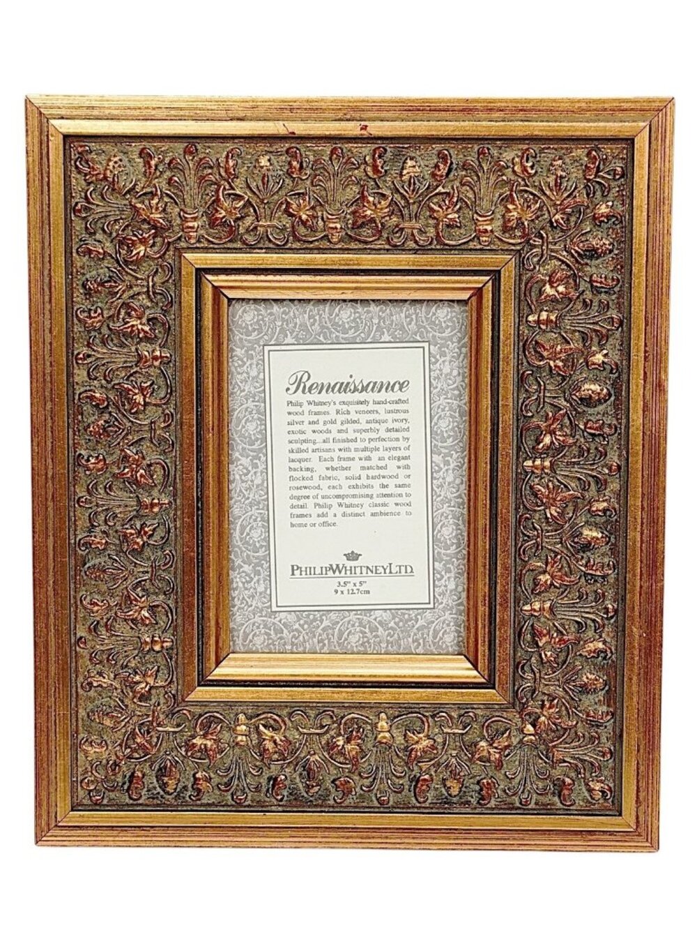 PHILIP WHITNEY Renaissance Ornate Frame Handcrafted Wood Antiqued Goldtone 3.5x5